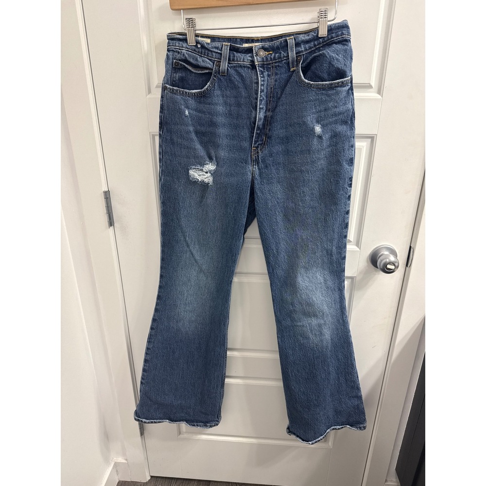 Levis 70s High Flare Jeans Womens 29 Distressed Raw Hem‎ Medium Wash Denim